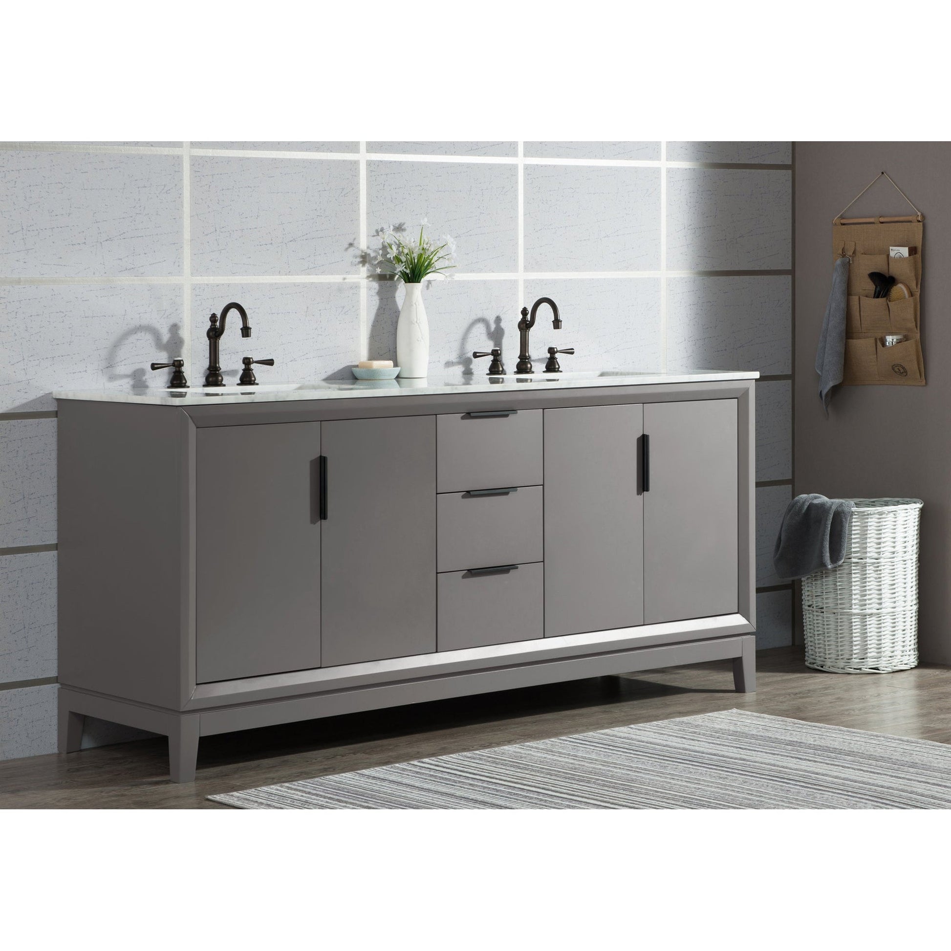 Water Creation Elizabeth 72" Double Sink Carrara White Marble Vanity In Cashmere Grey With F2-0012-03-TL Lavatory Faucet