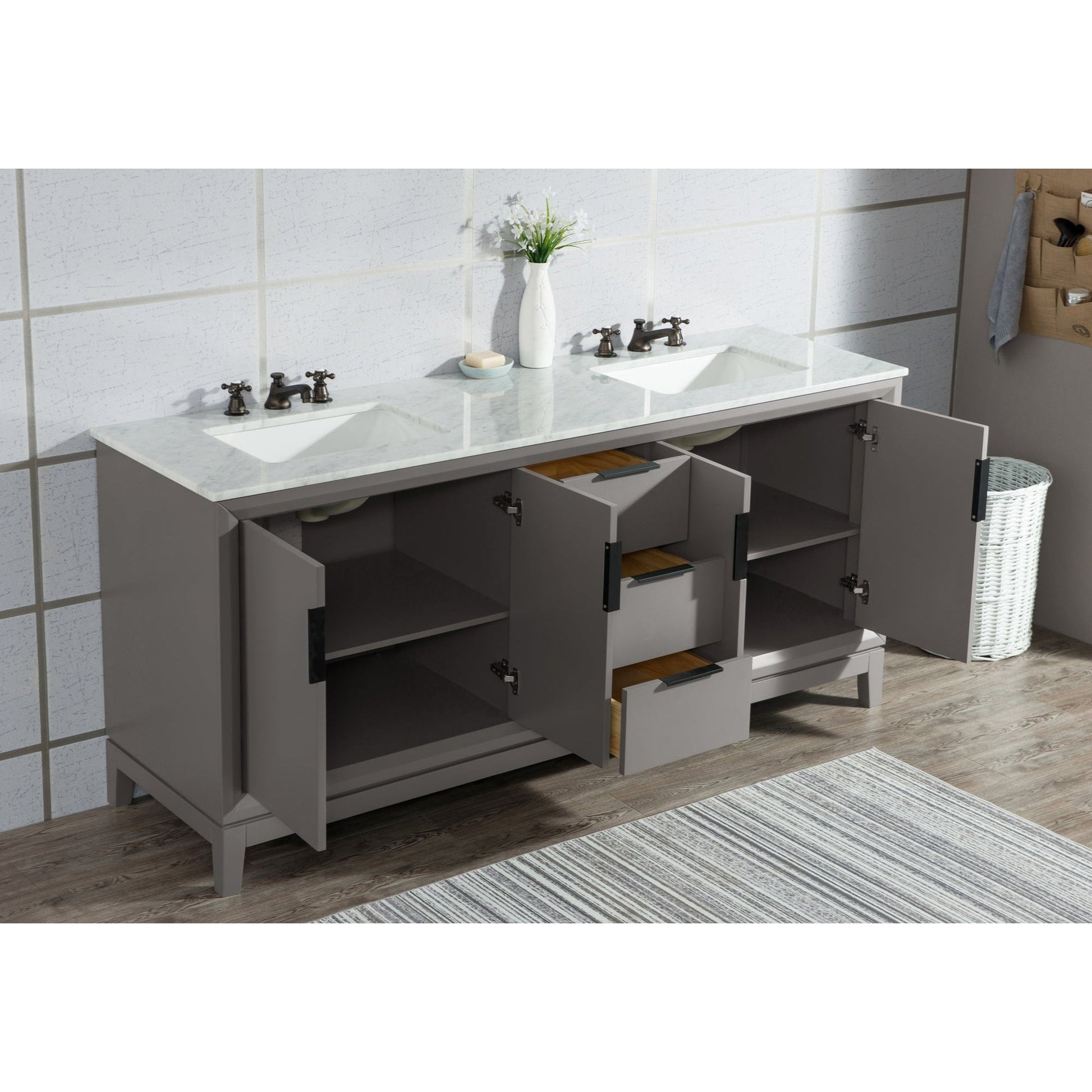 Water Creation Elizabeth 72" Double Sink Carrara White Marble Vanity In Cashmere Grey With Matching Mirror