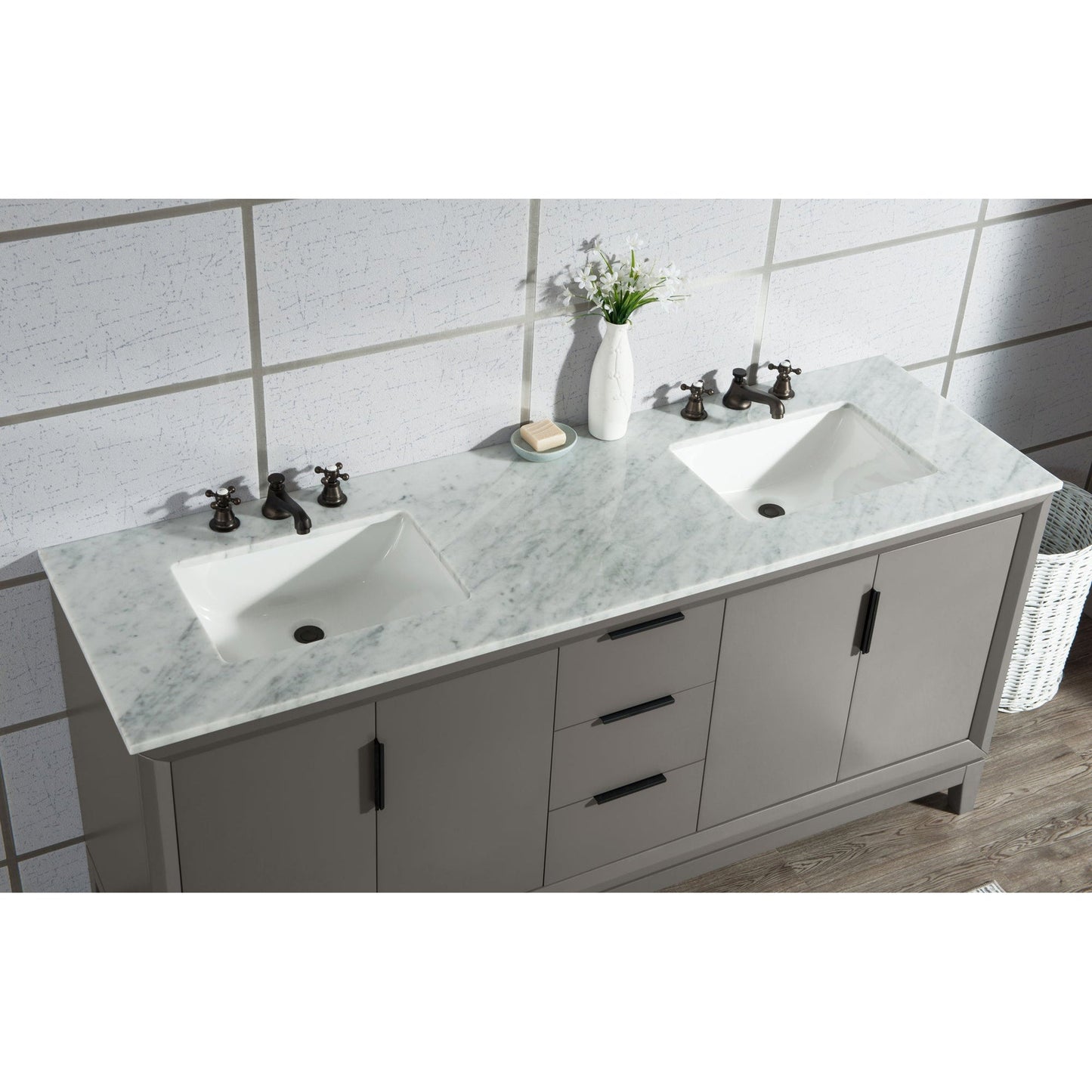 Water Creation Elizabeth 72" Double Sink Carrara White Marble Vanity In Cashmere Grey With Matching Mirror and F2-0009-03-BX Lavatory Faucet