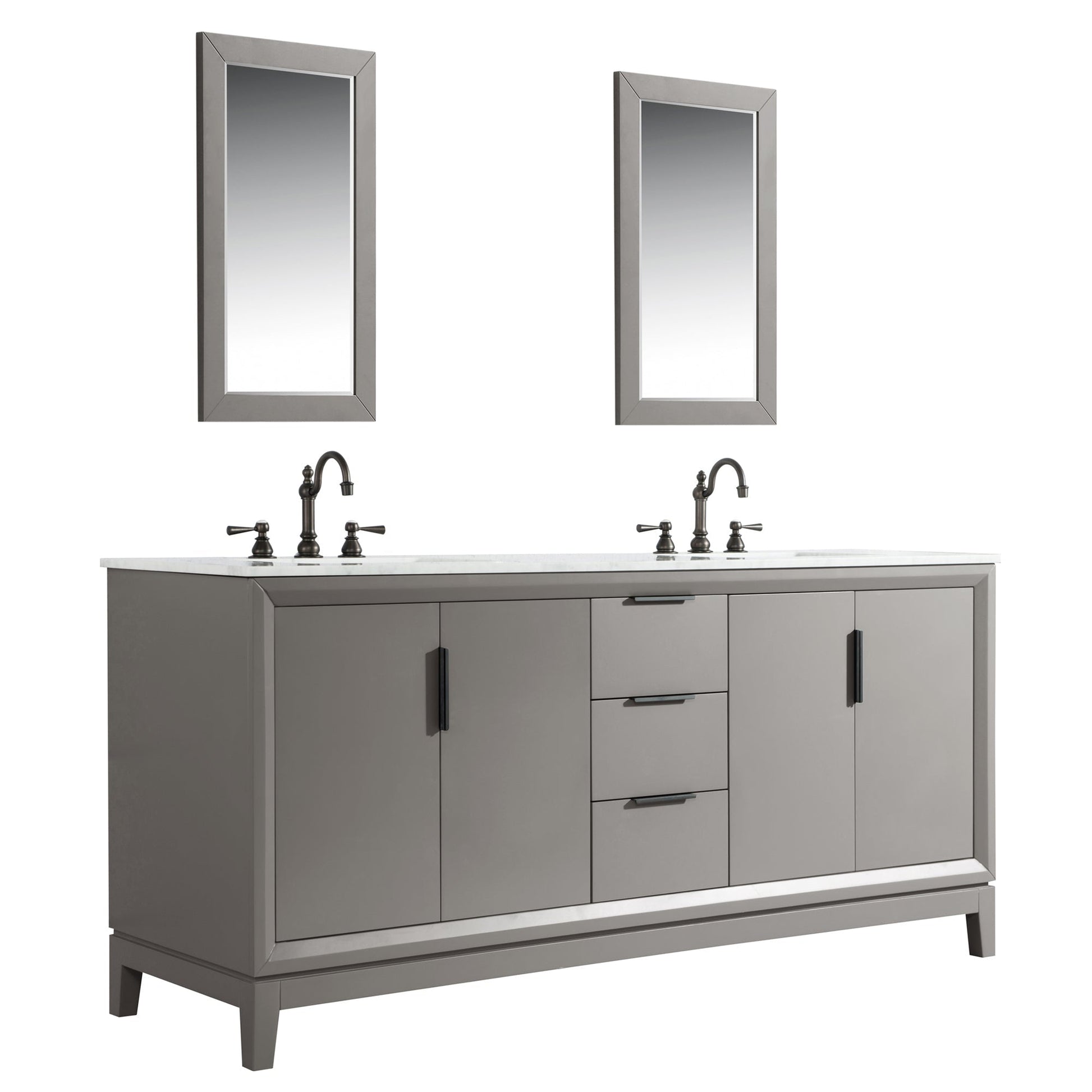 Water Creation Elizabeth 72" Double Sink Carrara White Marble Vanity In Cashmere Grey With Matching Mirror and F2-0012-03-TL Lavatory Faucet