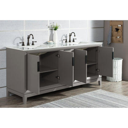 Water Creation Elizabeth 72" Double Sink Carrara White Marble Vanity In Cashmere Grey With Matching Mirror and F2-0012-03-TL Lavatory Faucet