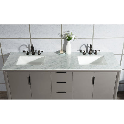 Water Creation Elizabeth 72" Double Sink Carrara White Marble Vanity In Cashmere Grey With Matching Mirror and F2-0012-03-TL Lavatory Faucet