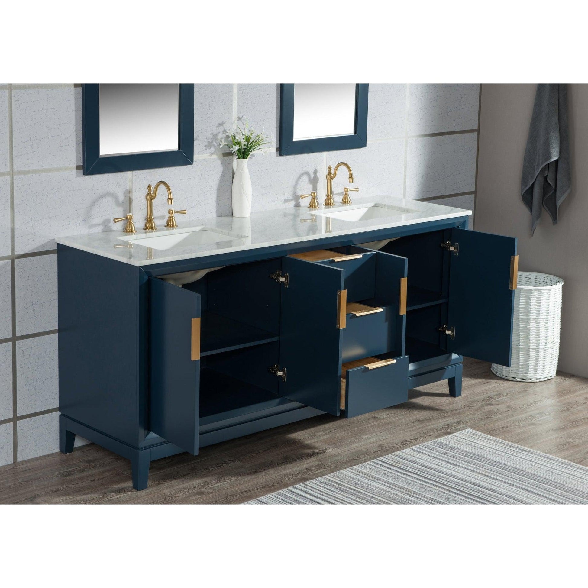 Water Creation Elizabeth 72" Double Sink Carrara White Marble Vanity In Monarch Blue With F2-0012-06-TL Lavatory Faucet