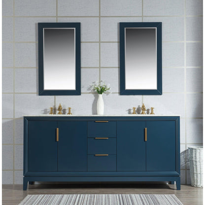 Water Creation Elizabeth 72" Double Sink Carrara White Marble Vanity In Monarch Blue With F2-0013-06-FX Lavatory Faucet
