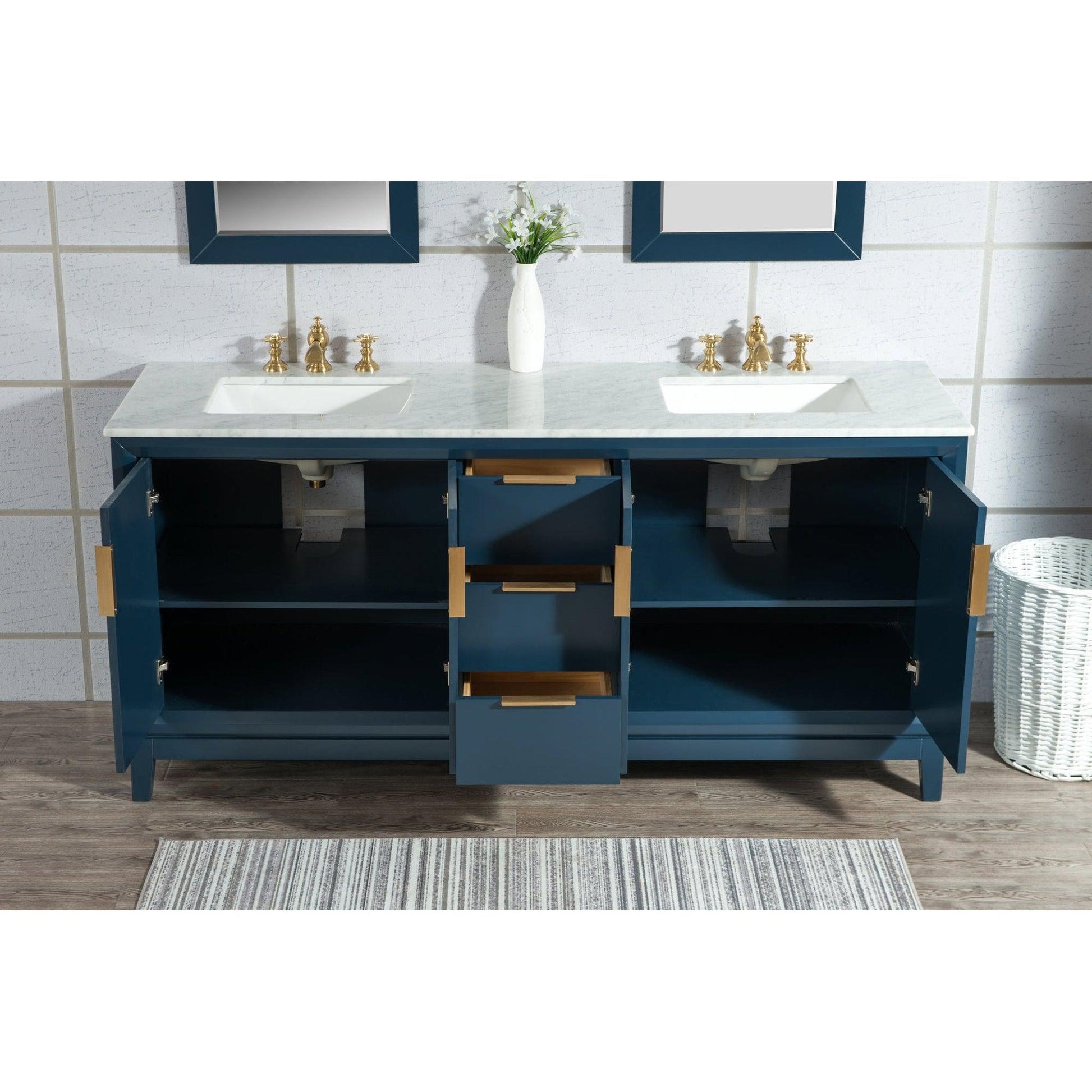 Water Creation Elizabeth 72" Double Sink Carrara White Marble Vanity In Monarch Blue With F2-0013-06-FX Lavatory Faucet