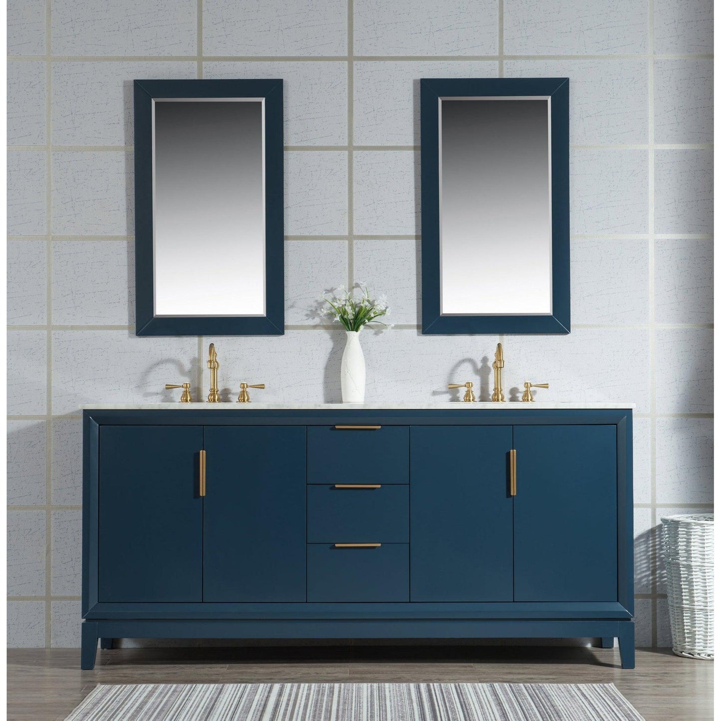 Water Creation Elizabeth 72" Double Sink Carrara White Marble Vanity In Monarch Blue With Matching Mirror and F2-0012-06-TL Lavatory Faucet