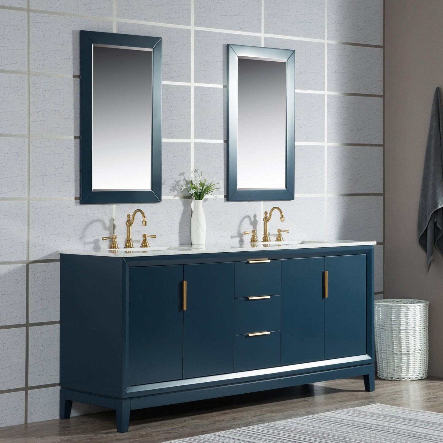 Water Creation Elizabeth 72" Double Sink Carrara White Marble Vanity In Monarch Blue With Matching Mirror and F2-0012-06-TL Lavatory Faucet