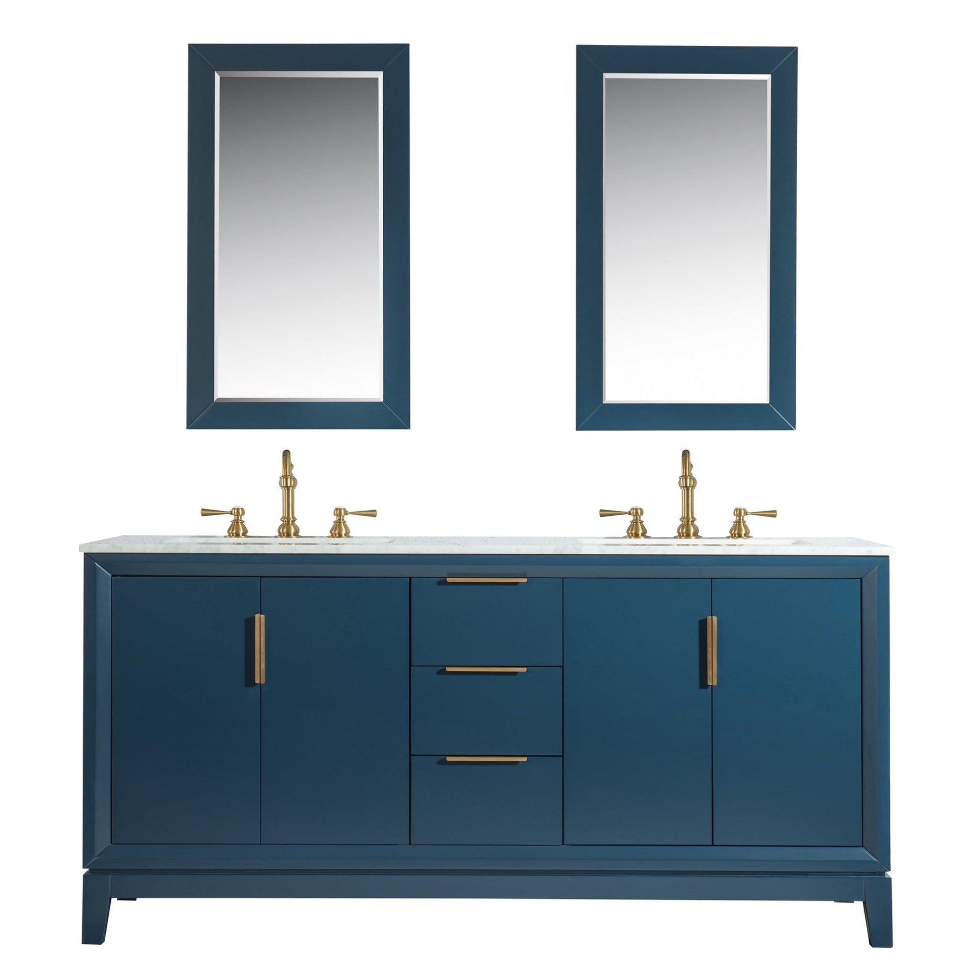 Water Creation Elizabeth 72" Double Sink Carrara White Marble Vanity In Monarch Blue With Matching Mirror and F2-0012-06-TL Lavatory Faucet