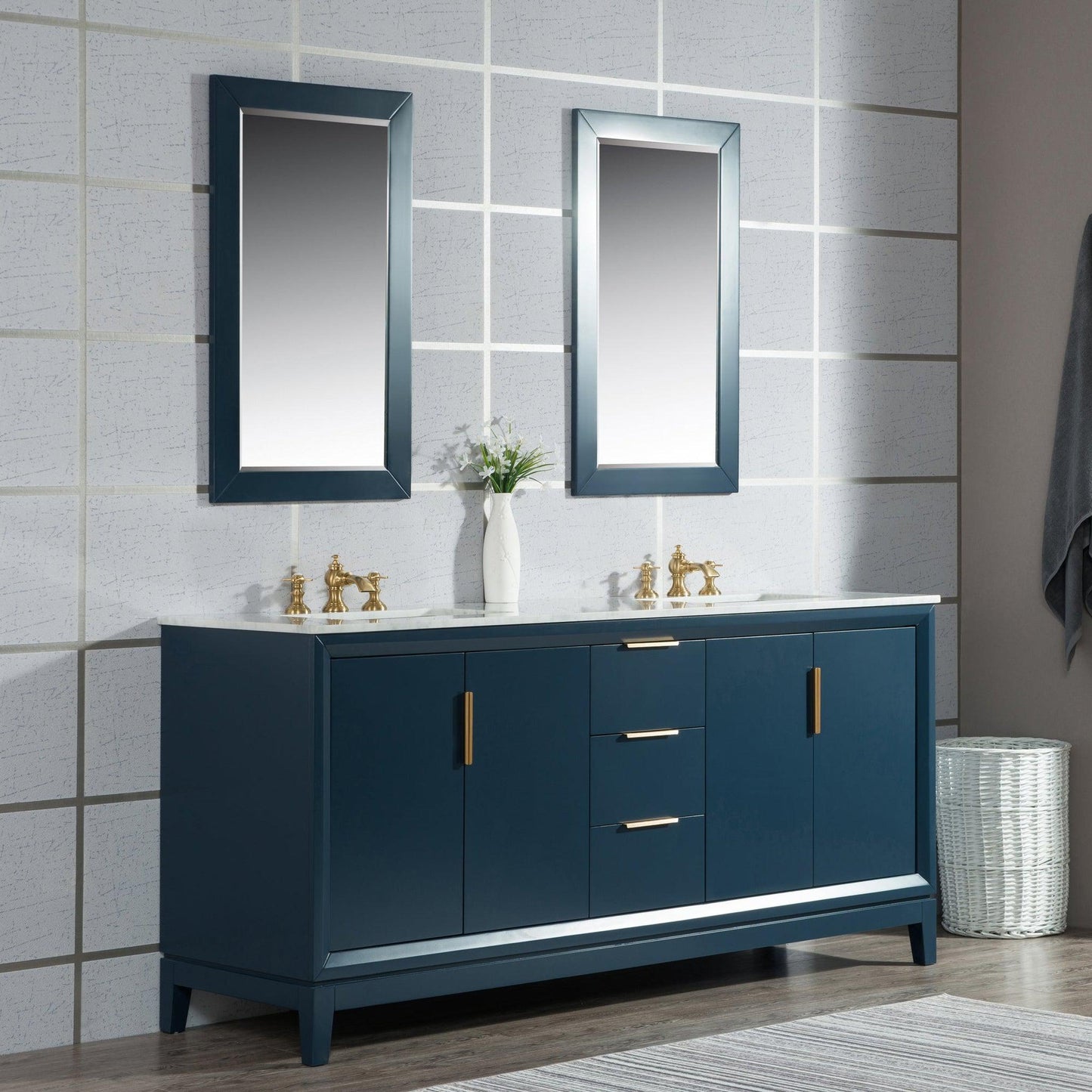 Water Creation Elizabeth 72" Double Sink Carrara White Marble Vanity In Monarch Blue With Matching Mirror and F2-0013-06-FX Lavatory Faucet