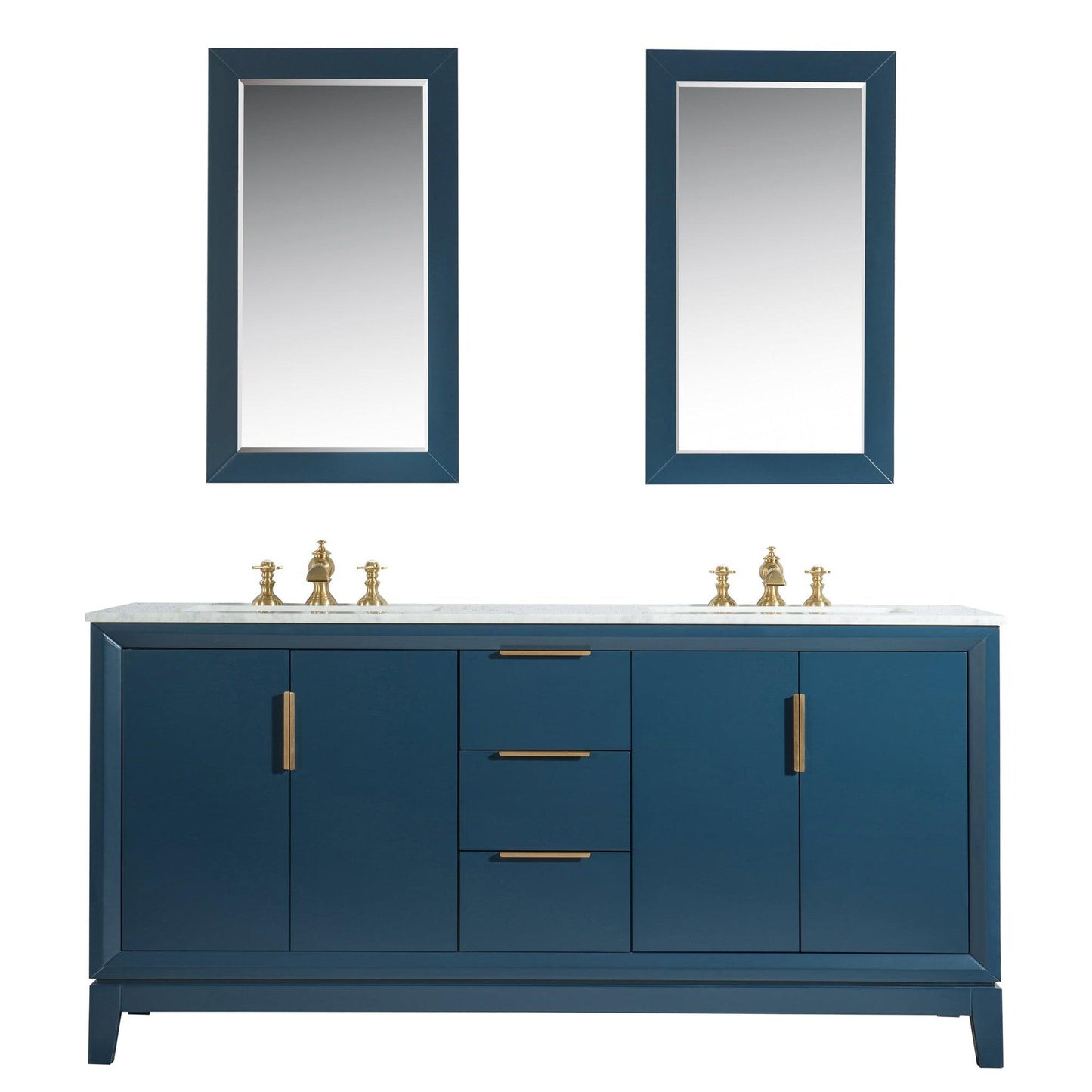 Water Creation Elizabeth 72" Double Sink Carrara White Marble Vanity In Monarch Blue With Matching Mirror and F2-0013-06-FX Lavatory Faucet