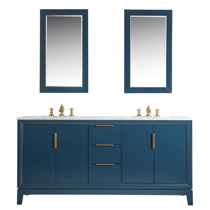 Water Creation Elizabeth 72" Double Sink Carrara White Marble Vanity In Monarch Blue With Matching Mirror and F2-0013-06-FX Lavatory Faucet