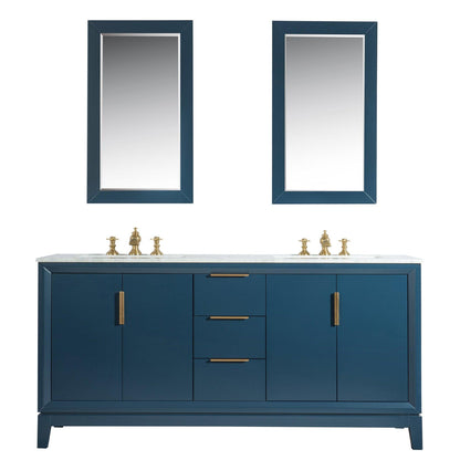 Water Creation Elizabeth 72" Double Sink Carrara White Marble Vanity In Monarch Blue With Matching Mirror