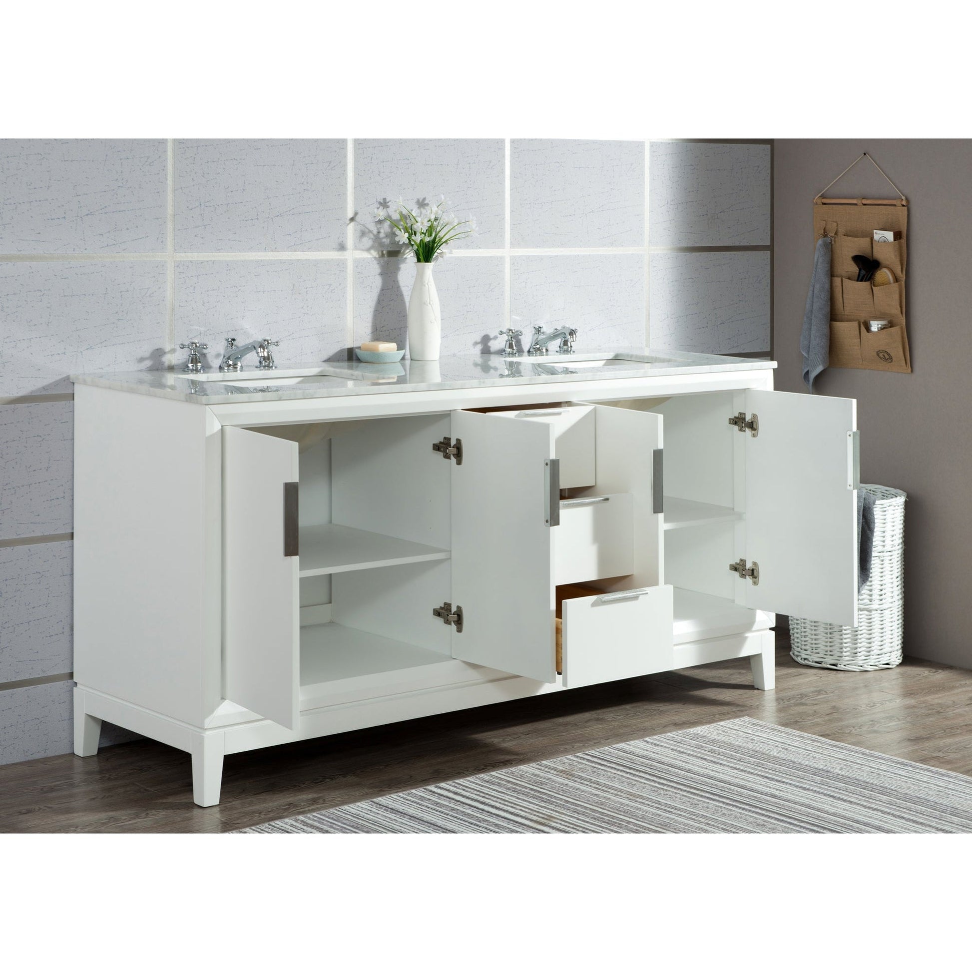 Water Creation Elizabeth 72" Double Sink Carrara White Marble Vanity In Pure White