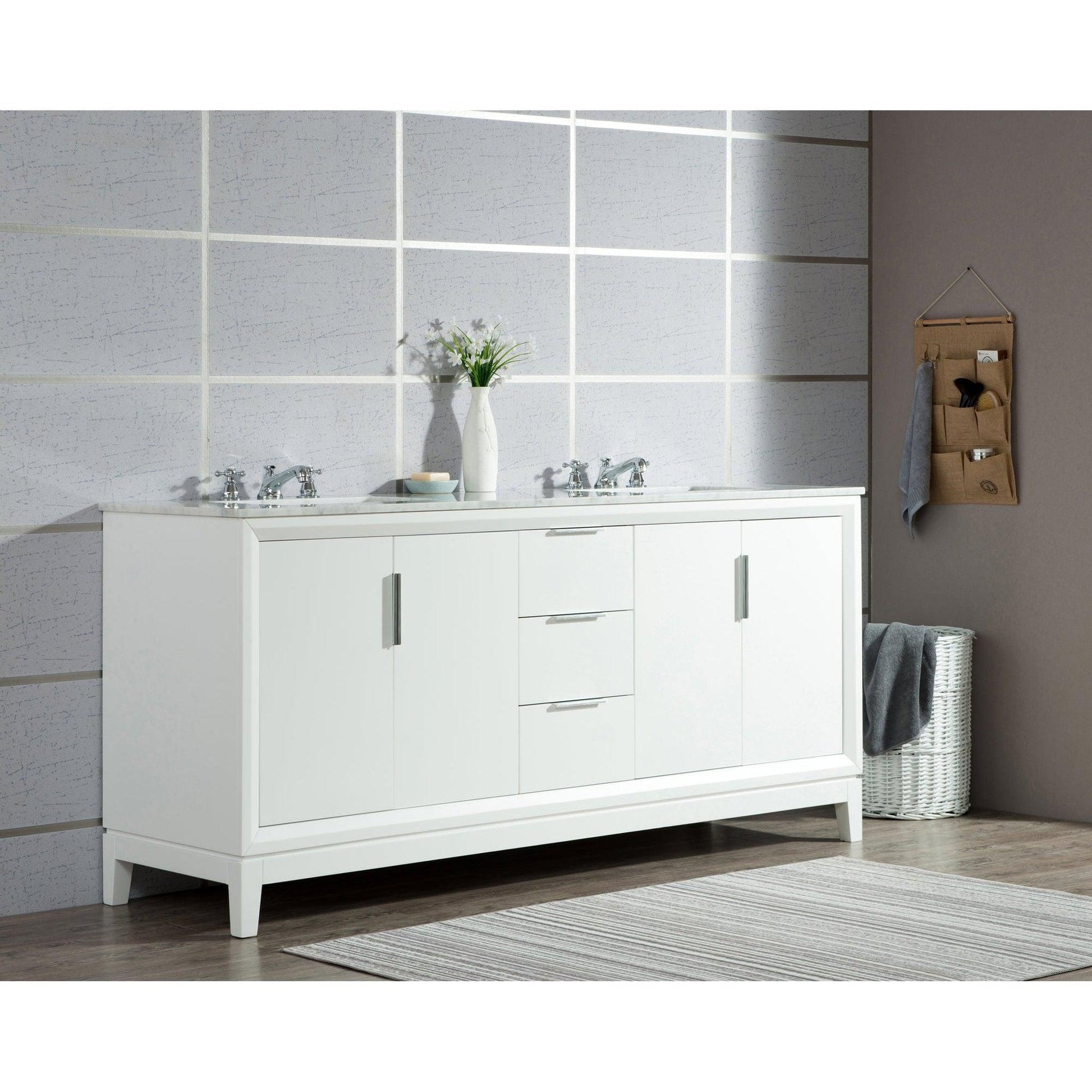 Water Creation Elizabeth 72" Double Sink Carrara White Marble Vanity In Pure White With Matching Mirror