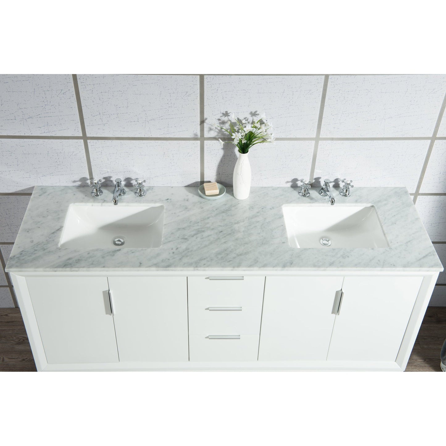 Water Creation Elizabeth 72" Double Sink Carrara White Marble Vanity In Pure White With Matching Mirror and F2-0009-01-BX Lavatory Faucet