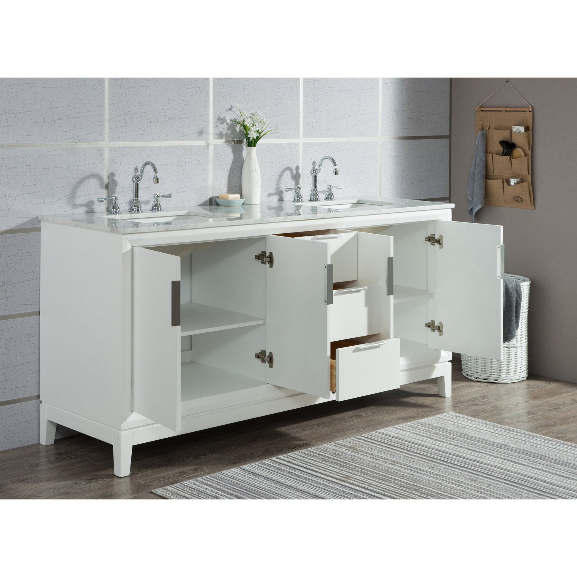 Water Creation Elizabeth 72" Double Sink Carrara White Marble Vanity In Pure White With Matching Mirror and F2-0012-01-TL Lavatory Faucet