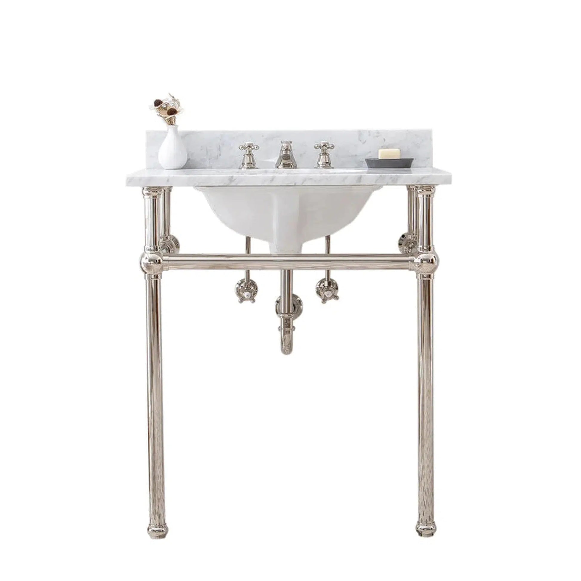 Water Creation Embassy 30 Inch Wide Single Wash Stand, P-Trap, Counter Top with Basin, F2-0009 Faucet and Mirror included in Polished Nickel (PVD) Finish
