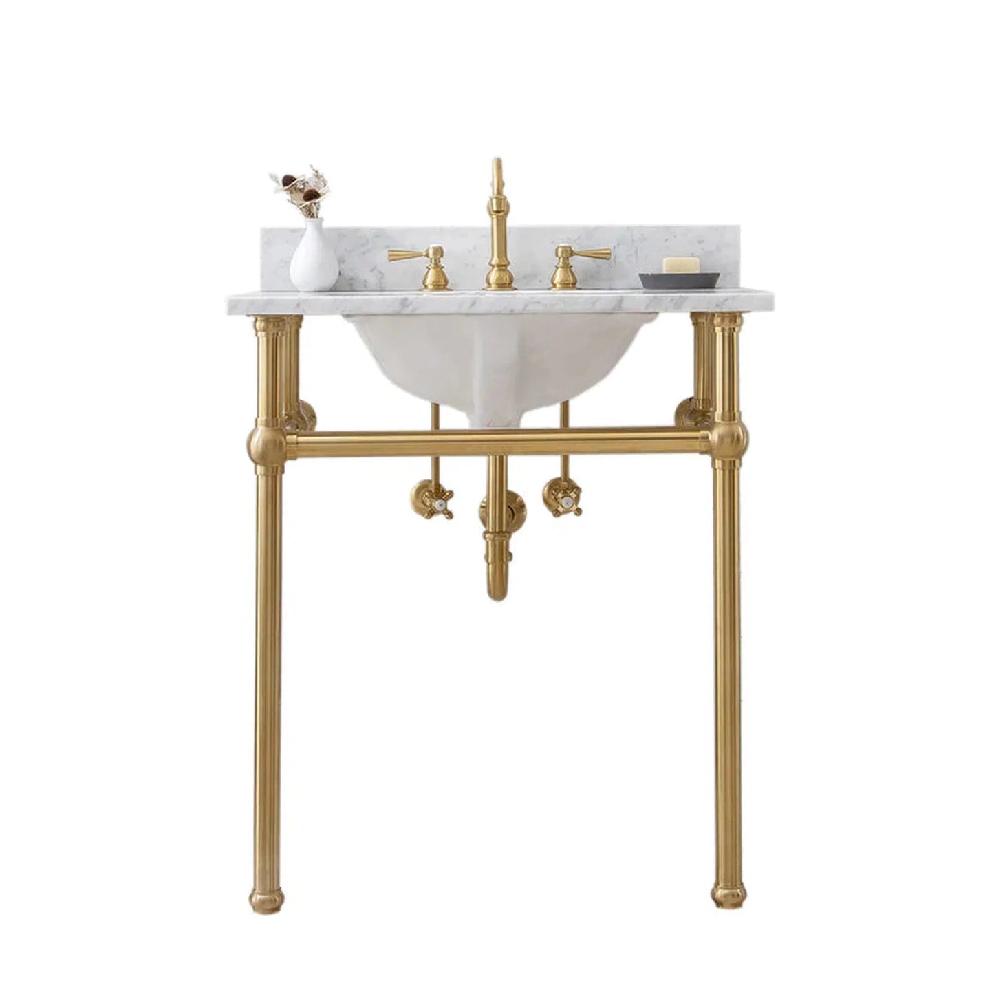 Water Creation Embassy 30 Inch Wide Single Wash Stand, P-Trap, Counter Top with Basin, F2-0013 Faucet and Mirror included in Satin Gold Finish