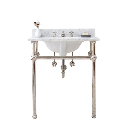 Water Creation Embassy 30 Inch Wide Single Wash Stand, P-Trap, Counter Top with Basin, and F2-0009 Faucet included in Polished Nickel (PVD) Finish
