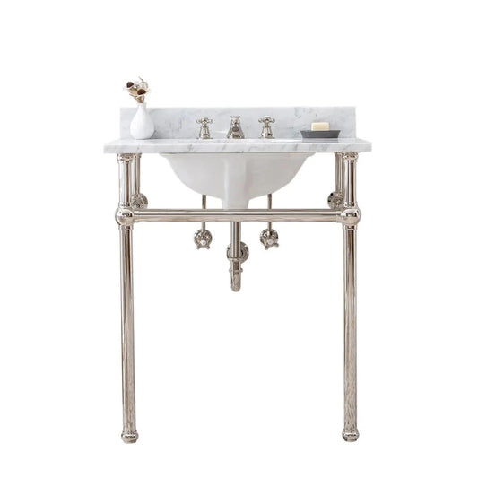 Water Creation Embassy 30 Inch Wide Single Wash Stand, P-Trap, Counter Top with Basin, and F2-0012 Faucet included in Polished Nickel (PVD) Finish