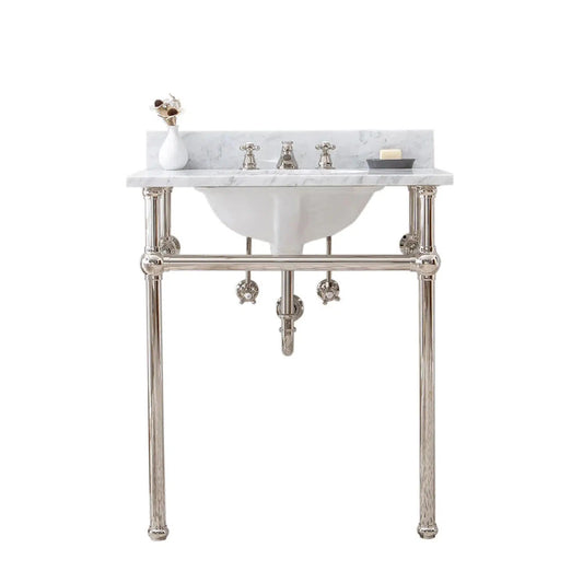 Water Creation Embassy 30" Polished Nickel (PVD) Single Wash Stand Carrara White Marble Top WIth Basin and F2-0013 Faucet