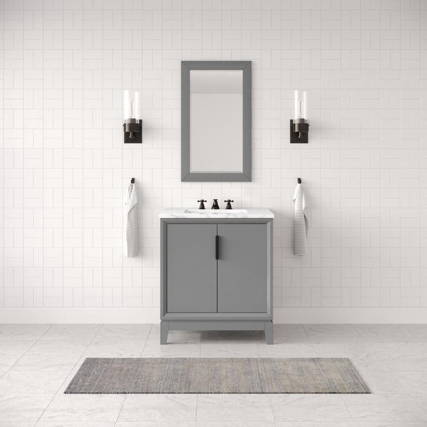Water Creation Embassy 30" Single Sink Carrara White Marble Cashmere Gray Vanity With Matching Mirror and F2-0009-03-BX Lavatory Faucet