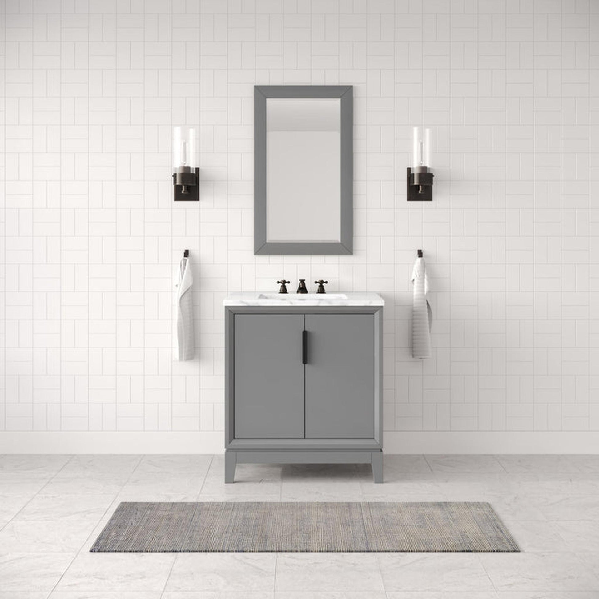 Water Creation Embassy 30" Single Sink Carrara White Marble Cashmere Gray Vanity With Matching Mirror and F2-0009-03-BX Lavatory Faucet