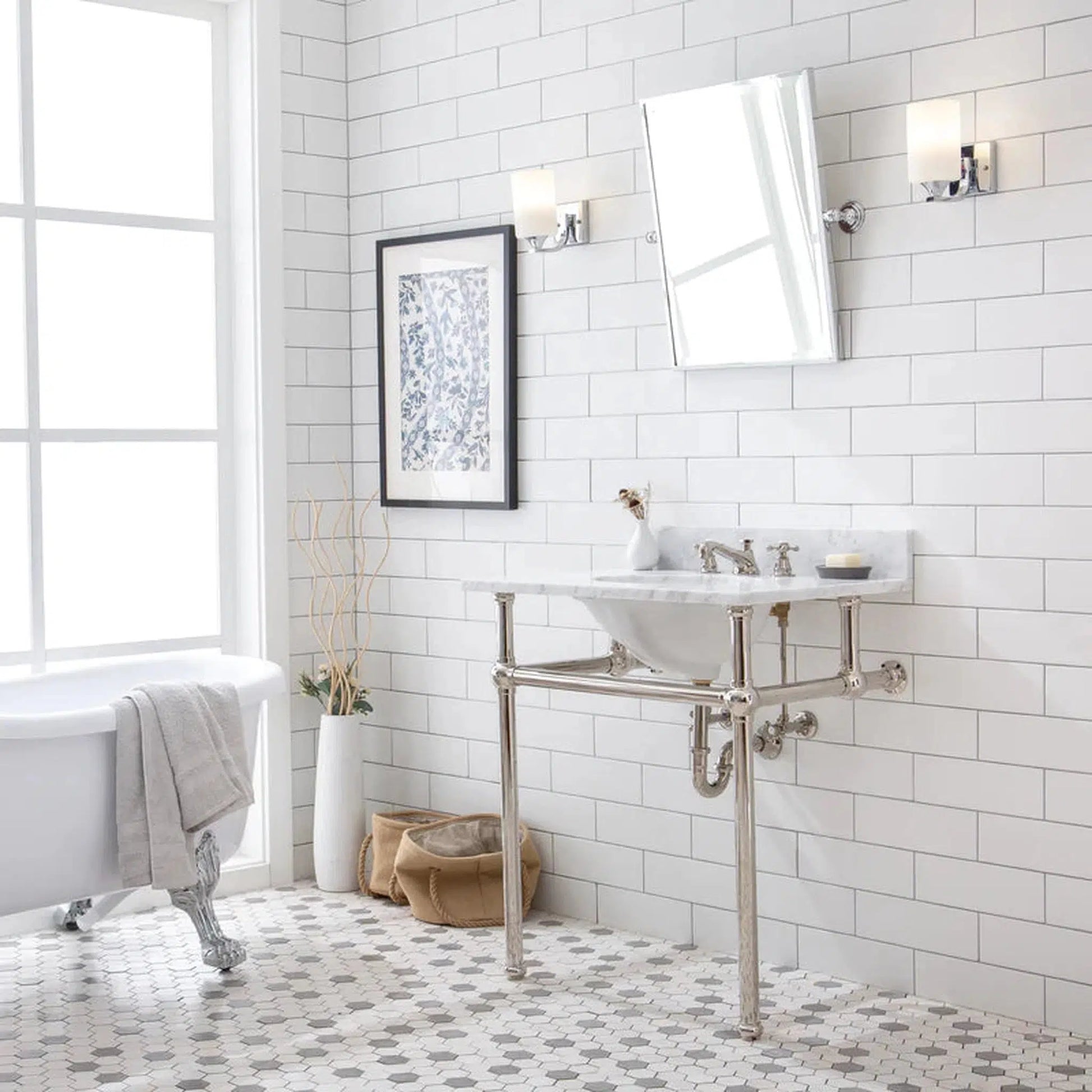 Water Creation Embassy 30" Single Sink Polished Nickel Wash Stand With Carrara White Marble Top