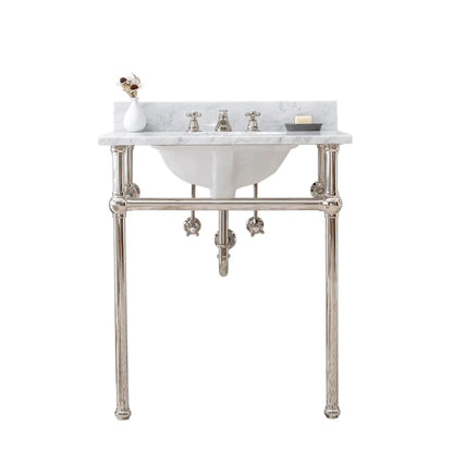 Water Creation Embassy 30" Single Sink Polished Nickel Wash Stand With Carrara White Marble Top