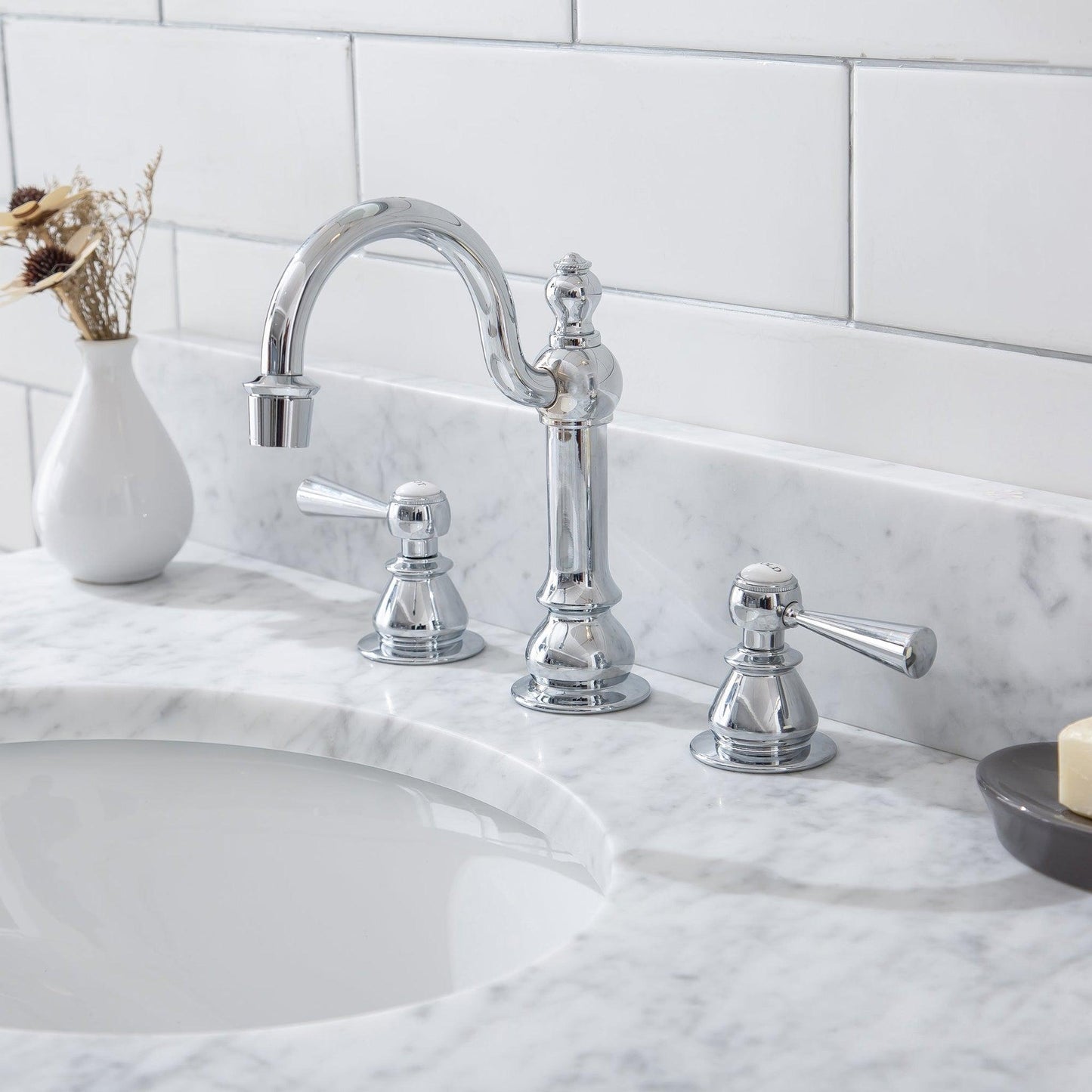 Water Creation Embassy 30" Single Sink White Carrara Marble Cashmere Grey Finish Vanity With F2-0009-03-BX Lavatory Faucet