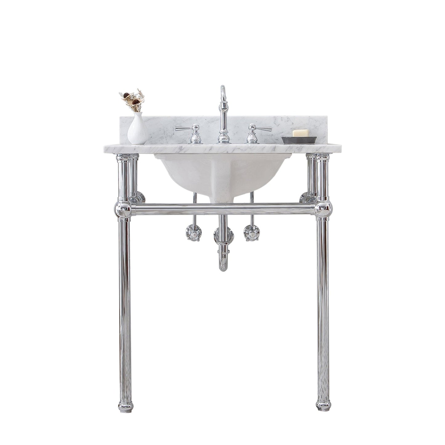 Water Creation Embassy 30" Single Sink White Carrara Marble Cashmere Grey Finish Vanity With F2-0009-03-BX Lavatory Faucet