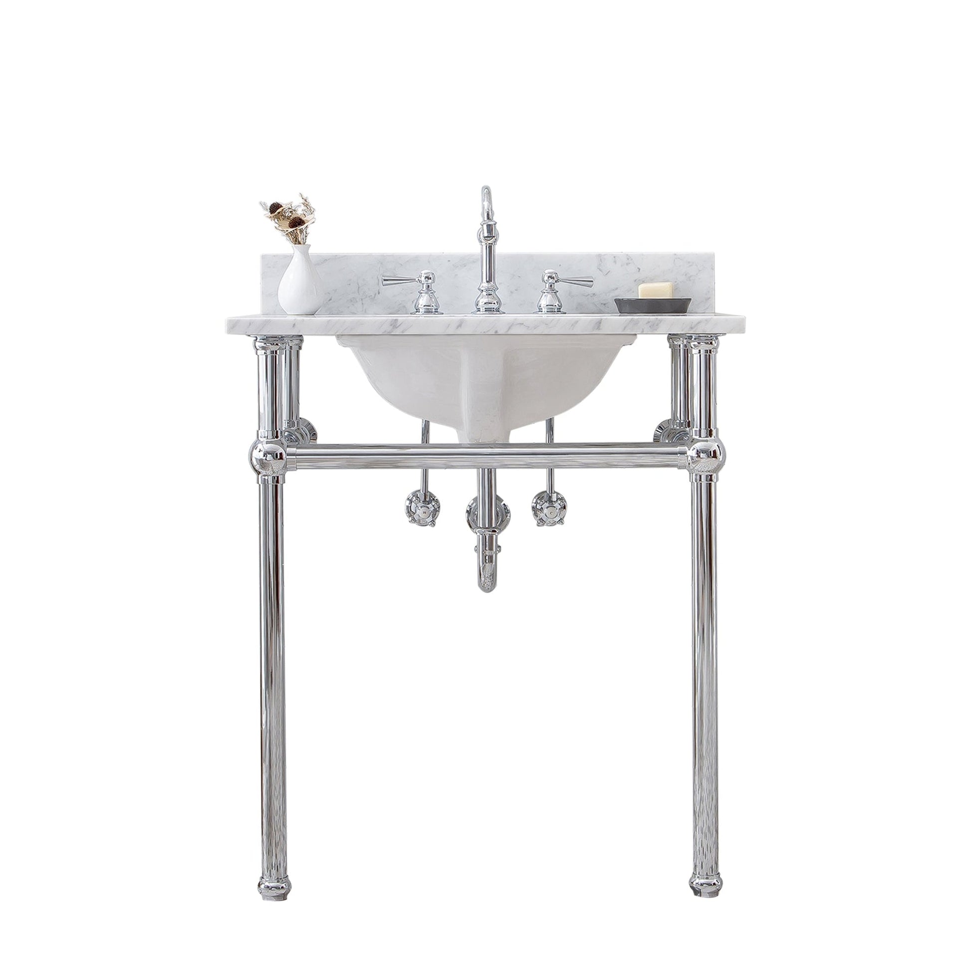 Water Creation Embassy 30" Single Sink White Carrara Marble Cashmere Grey Finish Vanity With F2-0009-03-BX Lavatory Faucet