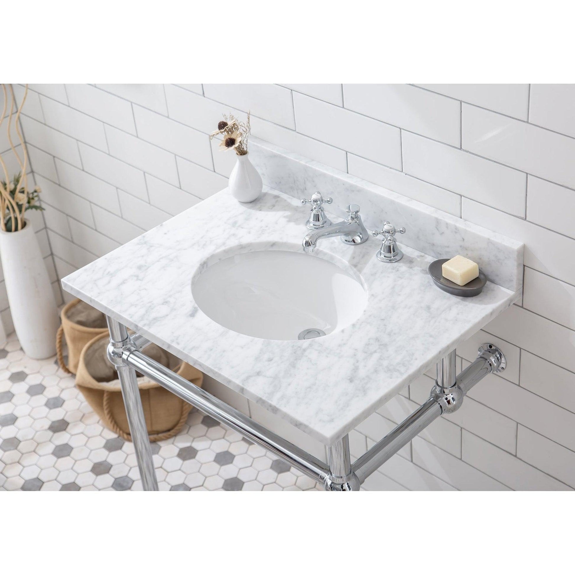 Water Creation Embassy 30" Wide Single Wash Stand, P-Trap, Counter Top with Basin, F2-0009 Faucet and Mirror included in Chrome Finish