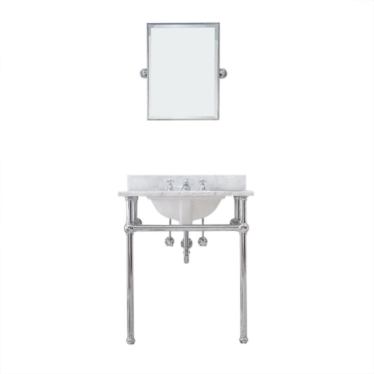 Water Creation Embassy 30" Wide Single Wash Stand, P-Trap, Counter Top with Basin, F2-0009 Faucet and Mirror included in Chrome Finish