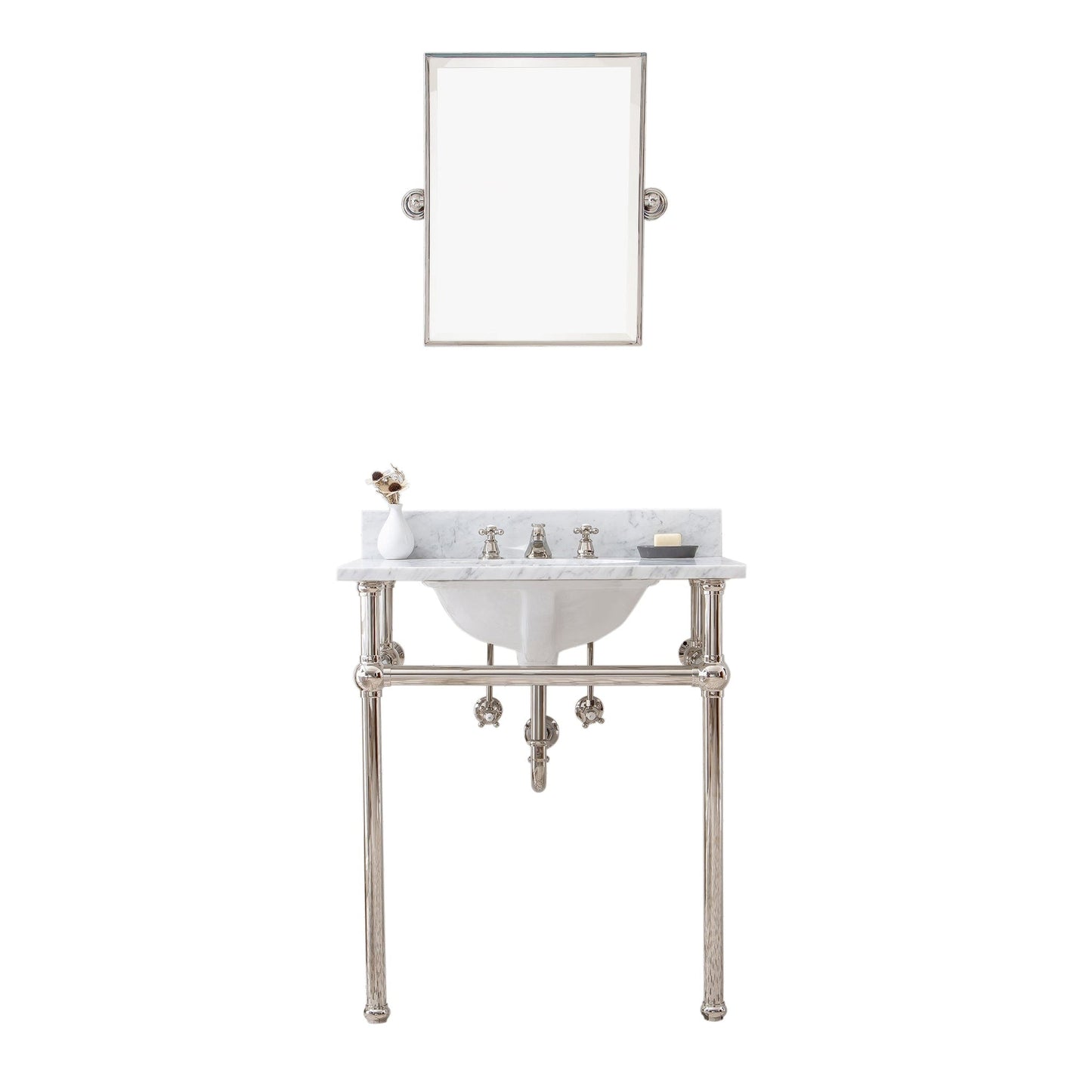 Water Creation Embassy 30" Wide Single Wash Stand, P-Trap, Counter Top with Basin, F2-0009 Faucet and Mirror included in Polished Nickel (PVD) Finish