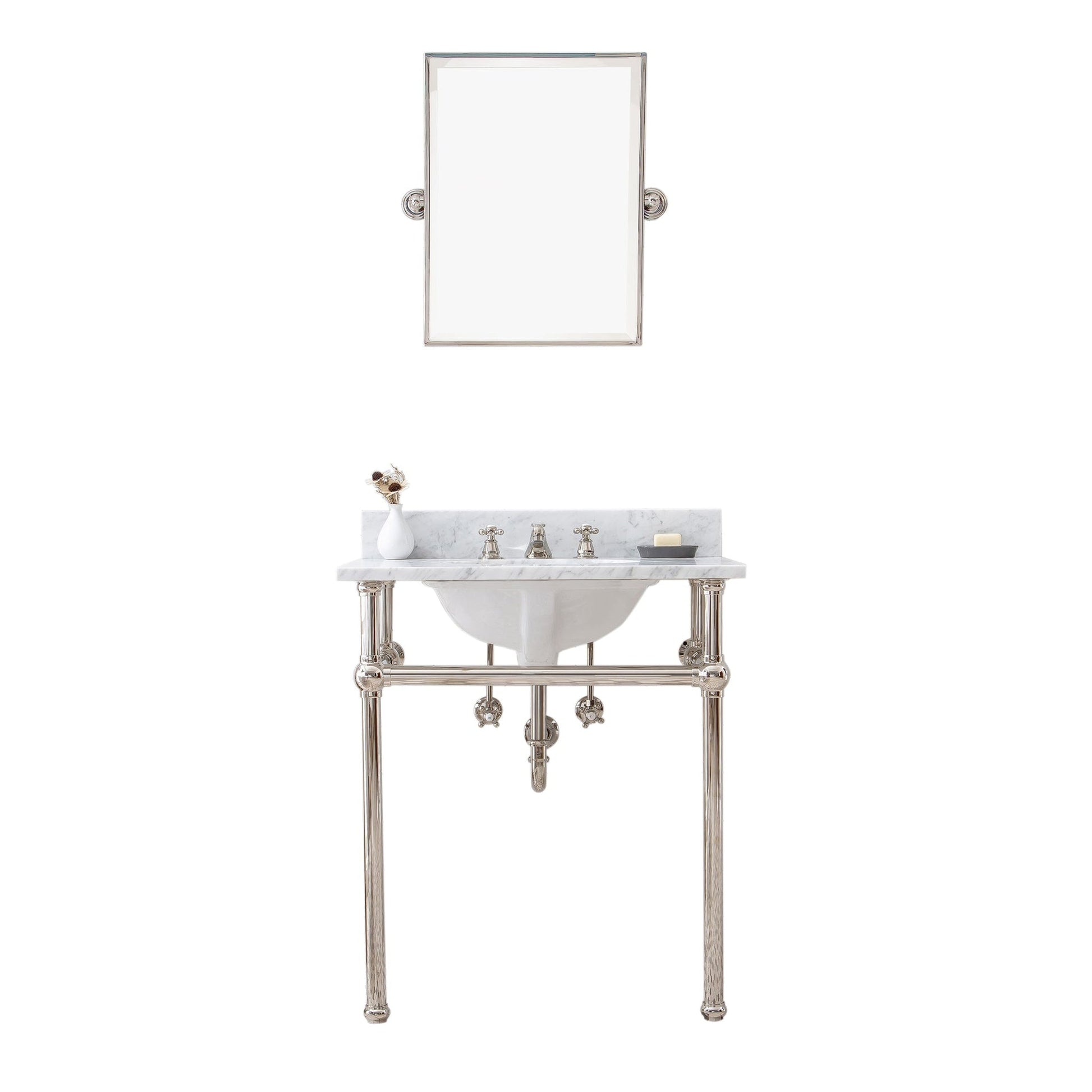Water Creation Embassy 30" Wide Single Wash Stand, P-Trap, Counter Top with Basin, F2-0009 Faucet and Mirror included in Polished Nickel (PVD) Finish