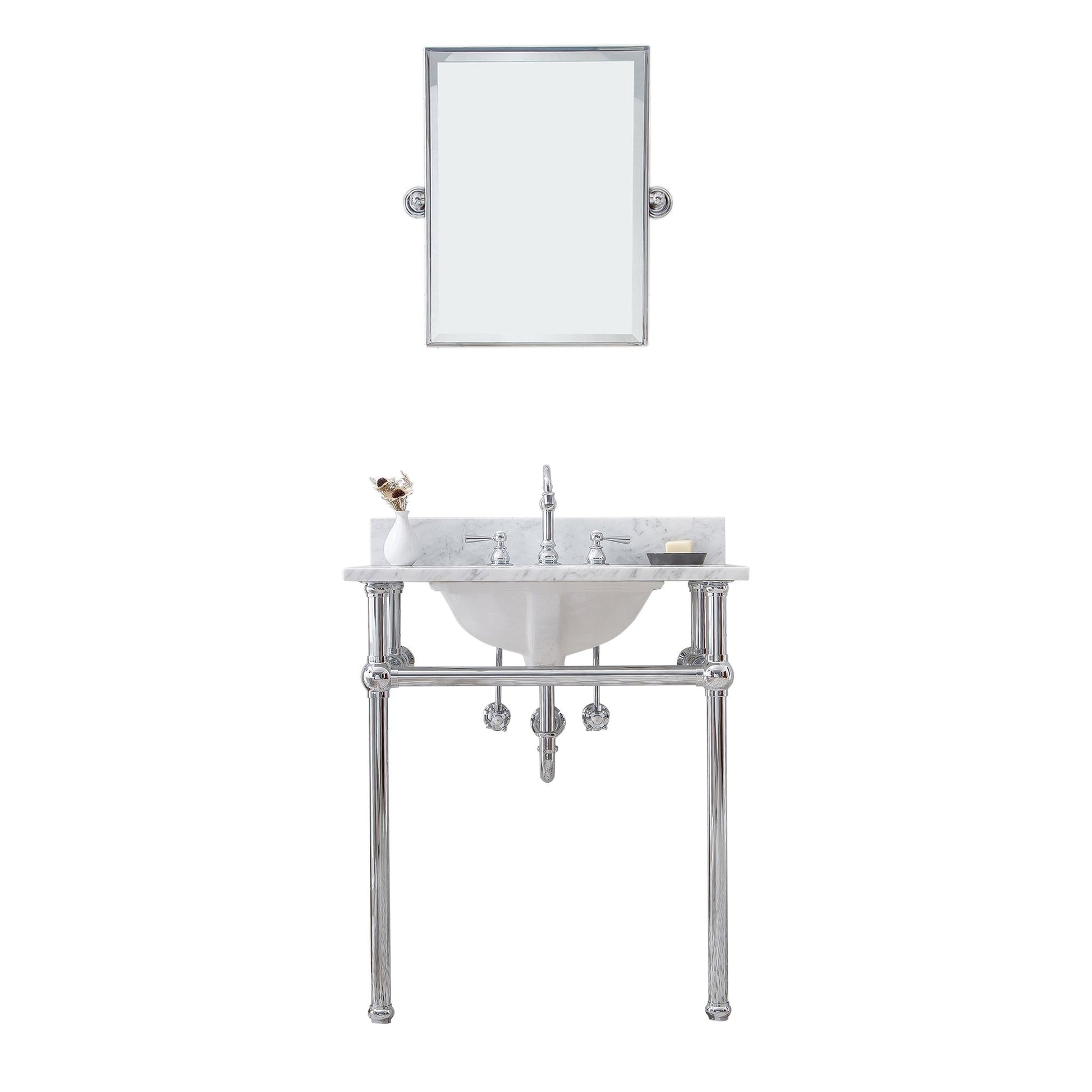 Water Creation Embassy 30" Wide Single Wash Stand, P-Trap, Counter Top with Basin, F2-0012 Faucet and Mirror included in Chrome Finish