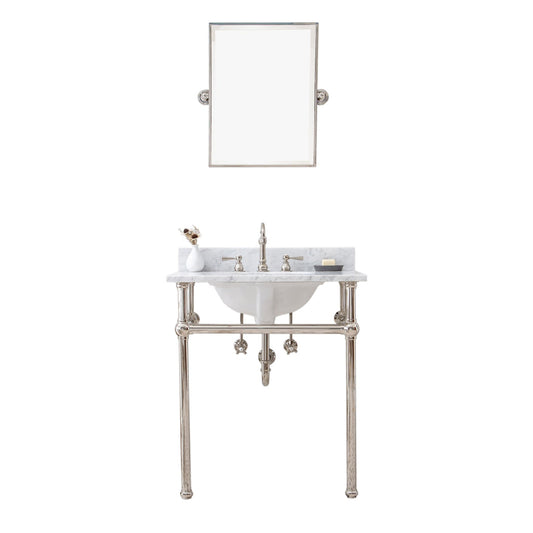 Water Creation Embassy 30" Wide Single Wash Stand, P-Trap, Counter Top with Basin, F2-0012 Faucet and Mirror included in Polished Nickel (PVD) Finish