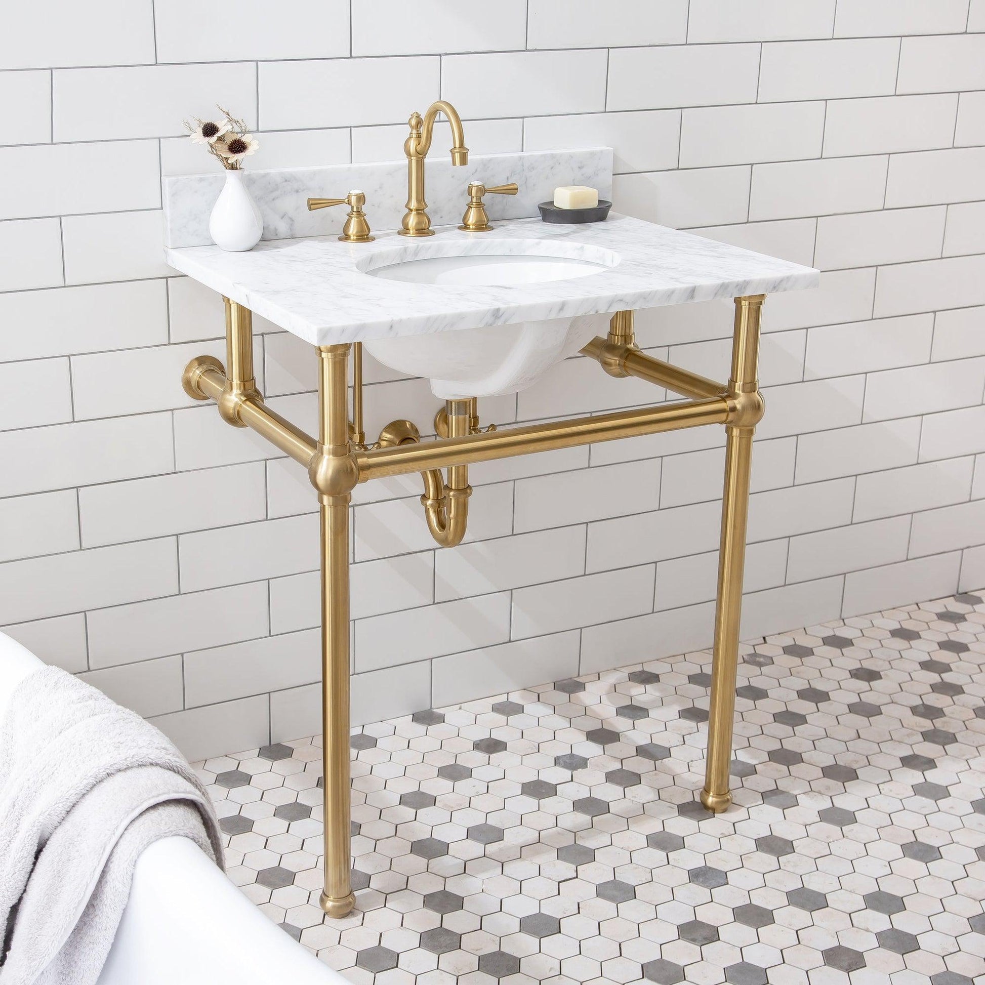 Water Creation Embassy 30" Wide Single Wash Stand, P-Trap, Counter Top with Basin, F2-0012 Faucet and Mirror included in Satin Gold Finish