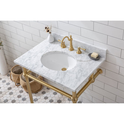 Water Creation Embassy 30" Wide Single Wash Stand, P-Trap, Counter Top with Basin, F2-0012 Faucet and Mirror included in Satin Gold Finish