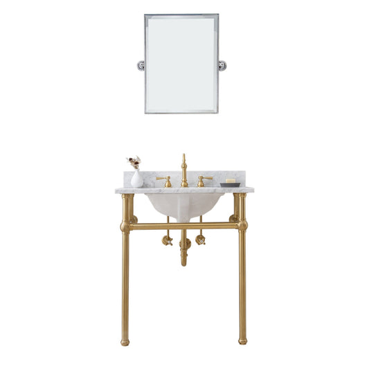 Water Creation Embassy 30" Wide Single Wash Stand, P-Trap, Counter Top with Basin, F2-0012 Faucet and Mirror included in Satin Gold Finish