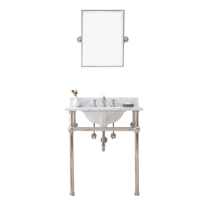 Water Creation Embassy 30" Wide Single Wash Stand, P-Trap, Counter Top with Basin, F2-0013 Faucet and Mirror included in Polished Nickel (PVD) Finish