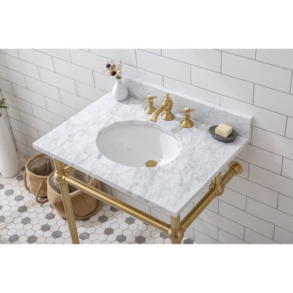 Water Creation Embassy 30" Wide Single Wash Stand, P-Trap, Counter Top with Basin, F2-0013 Faucet and Mirror included in Satin Gold Finish