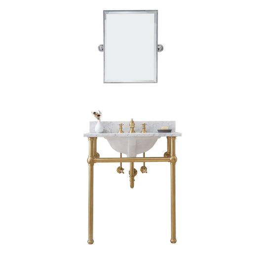 Water Creation Embassy 30" Wide Single Wash Stand, P-Trap, Counter Top with Basin, F2-0013 Faucet and Mirror included in Satin Gold Finish