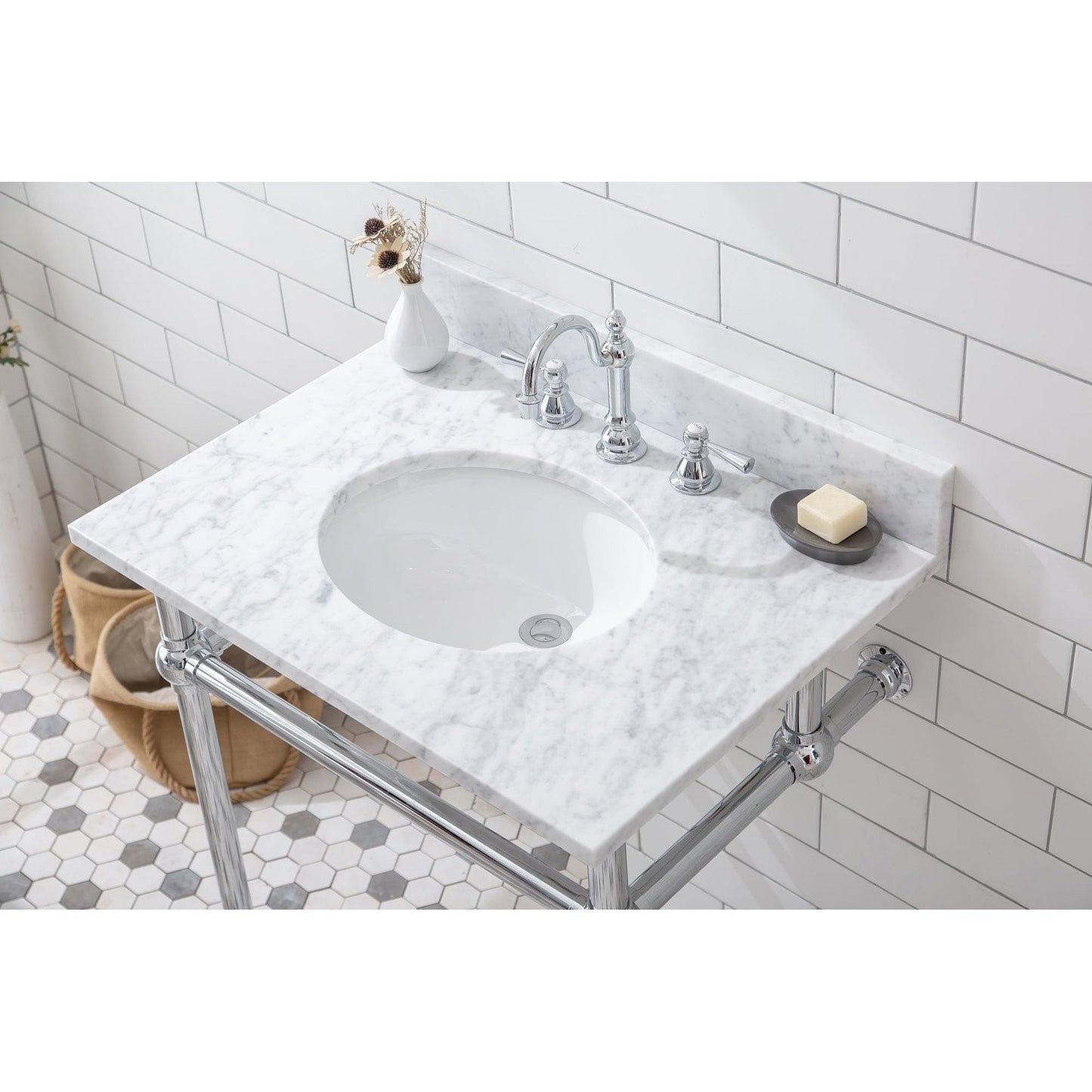 Water Creation Embassy 30" Wide Single Wash Stand, P-Trap, Counter Top with Basin, and F2-0012 Faucet included in Chrome Finish