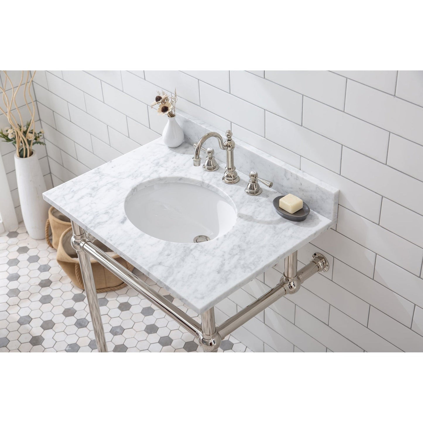 Water Creation Embassy 30" Wide Single Wash Stand, P-Trap, Counter Top with Basin, and F2-0012 Faucet included in Polished Nickel (PVD) Finish