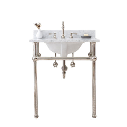 Water Creation Embassy 30" Wide Single Wash Stand, P-Trap, Counter Top with Basin, and F2-0012 Faucet included in Polished Nickel (PVD) Finish
