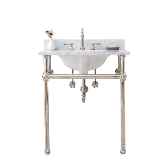 Water Creation Embassy 30" Wide Single Wash Stand, P-Trap, Counter Top with Basin, and F2-0012 Faucet included in Polished Nickel (PVD) Finish