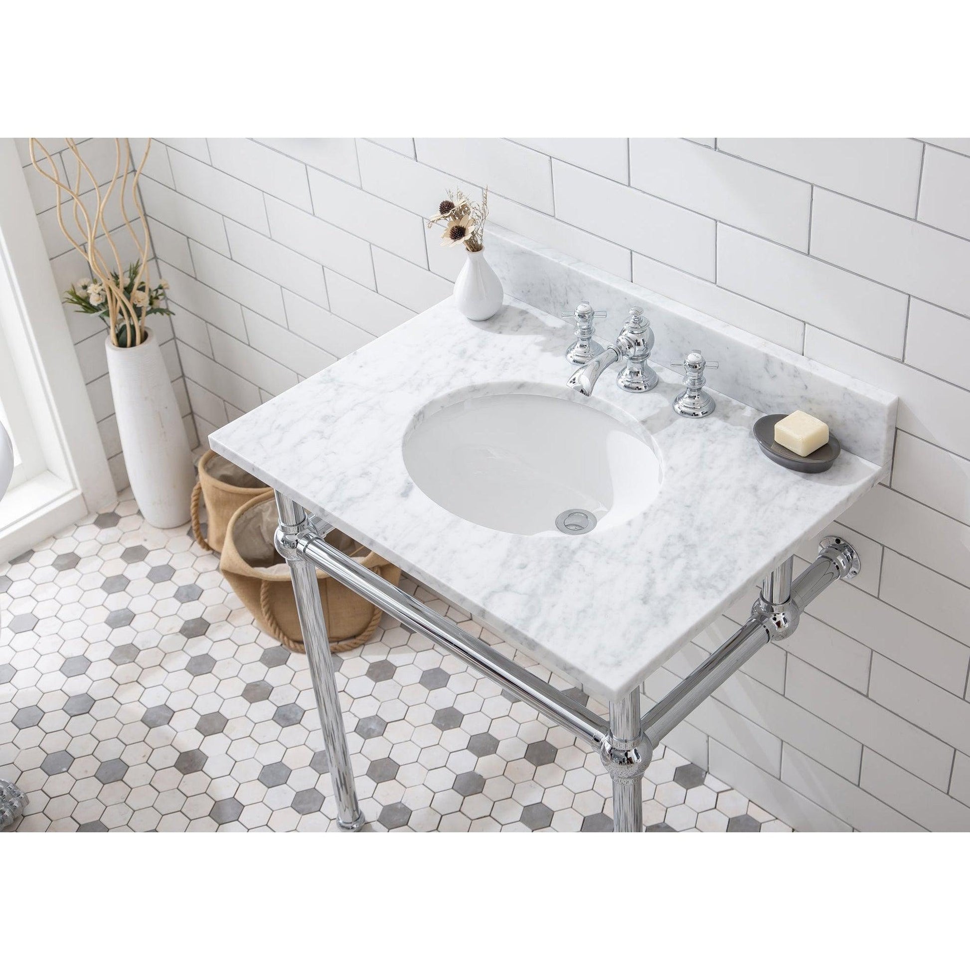 Water Creation Embassy 30" Wide Single Wash Stand, P-Trap, Counter Top with Basin, and F2-0013 Faucet included in Chrome Finish