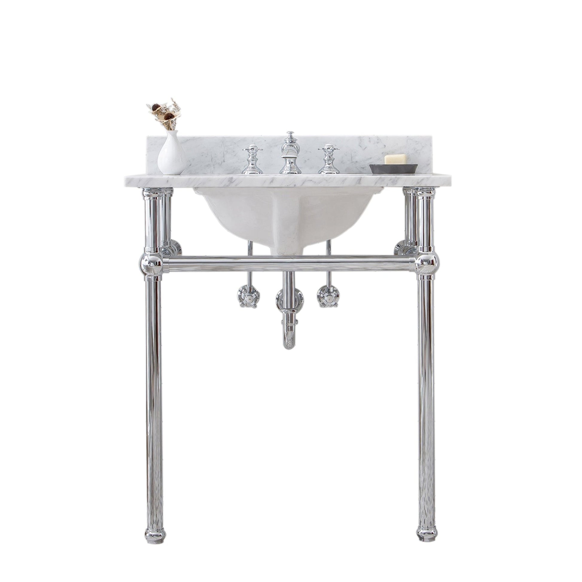 Water Creation Embassy 30" Wide Single Wash Stand, P-Trap, Counter Top with Basin, and F2-0013 Faucet included in Chrome Finish